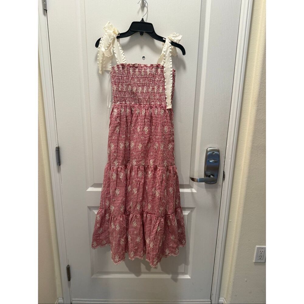 JACQUIE THE LABEL Red Isabella Gingham Embroidered Tiered Midi Dress Size S NWT - Picture 7 of 8